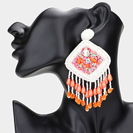 Faux Leather Back Boho Sequin Seed Beaded Dangle Earrings