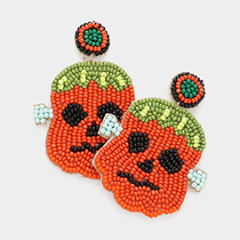 Felt Back Seed Beaded Pumpkin Frankenstein Dangle Earrings