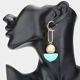 Geometric Open Metal Frosted Ball Wood Link Dangle Earrings