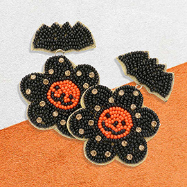 Felt Back Seed Beaded Bat Smile Flower Link Dangle Earrings