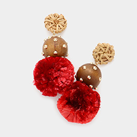 Wood Raffia Ball Dangle Earrings