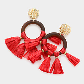 Wood Open Circle Raffia Tassel Dangle Earrings