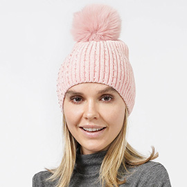 Stone Embellished Chenille Pom Pom Beanie Hat