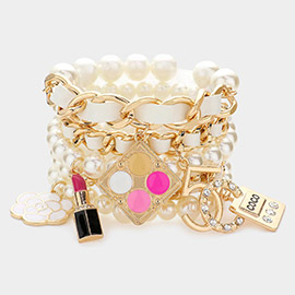 5PCS - Flower Lipstick Perfume Charm Pearl Stretch Bracelets