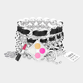 5PCS - Flower Lipstick Perfume Charm Metal Ball Stretch Bracelets