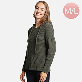 Solid Colored Ribbed Drawstring Hoodie Sweater