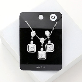 CZ Teardrop Square Link Pendant Necklace