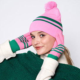 Striped Knit Pom Pom Beanie Hat