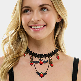 Heart Teardrop Stone Embellished Bat Pendant Choker Necklace