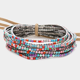 12PCS - Ribbon Colorful Rhinestone Layered Stretch Bracelets