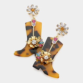 Flower Embellished Celluloid Acetate Western Boots Dangle Earrings