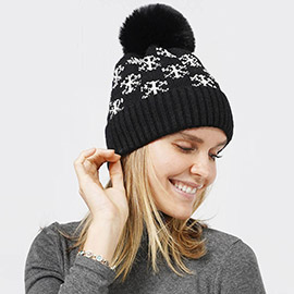 Snowflake Patterned Faux Fur Lining Knit Pom Pom Beanie Hat