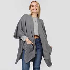 Solid Knit Front Pockets Vest Poncho