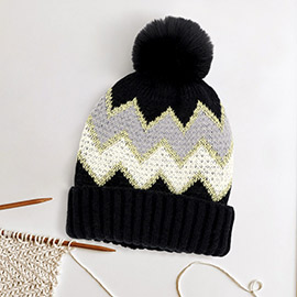 Zigzag Chevron Patterned Fuzzy Fleece Pom Pom Beanie Hat