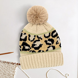 Leopard Patterned Pom Pom Beanie Hat