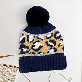 Leopard Patterned Pom Pom Beanie Hat