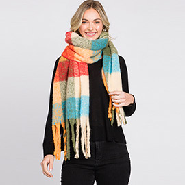 Multi Colored Plaid Check Patterned Fringe Oblong Scarf