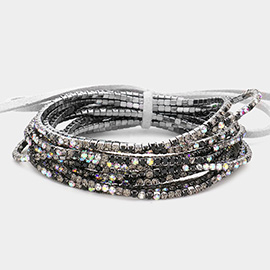 12PCS - Ribbon Colorful Rhinestone Layered Stretch Bracelets