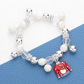 3D Enamel Metal Snowman Pointed Christmas Sweater Charm Beaded Stretch Bracelet