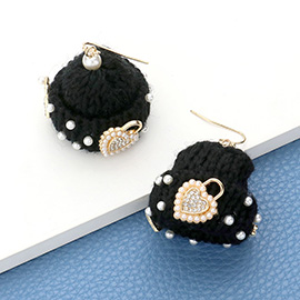 Pearl Key Heart Lock Embellished Knit Beanie Hat Dangle Earrings