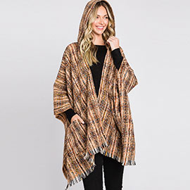 Hooded Plaid Check Patterned Front Pockets Fringe Ruana Poncho