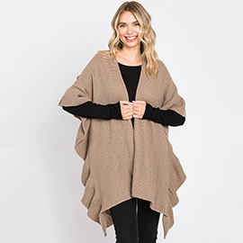 Solid Ruffle Knit Ruana Poncho