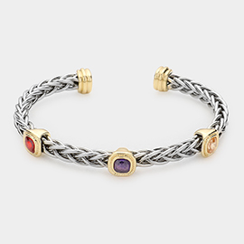 Triple CZ Cushion Square Stone Cuff Bracelet