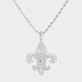 Rhinestone Embellished Fleur de Lis Pendant Necklace