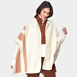 Striped Button Closure Cape Ruana Poncho