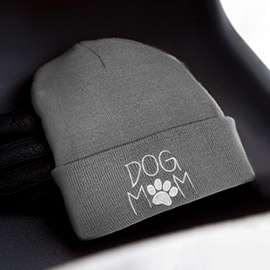 Dog Mom Message Paw Pointed Solid Knit Beanie Hat