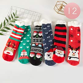 12Pairs - Faux Sherpa Lining Rudolph Santa Claus Rudolph Socks