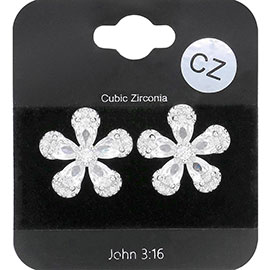 CZ Teardrop Accented Flower Stud Evening Earrings