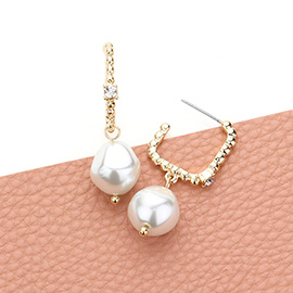 Stone Pointed Metal Rectangle Hoop Pearl Link Dangle Earrings