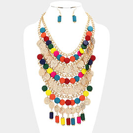 Rainbow Round Wood Metal Disc Cluster Statement Necklace