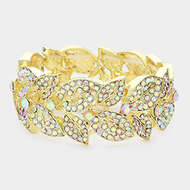 Stone Paved Leaf Linked Stretch Evening Bracelet