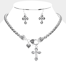 Embossed Antique Metal Cross Pendant Necklace