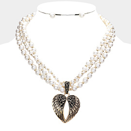 Metal Wings Pendant Pearl Necklace