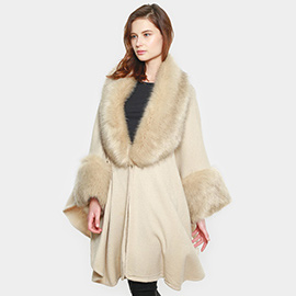 Faux Fur Trim Shawl Poncho