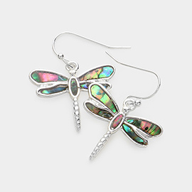 Abalone Embossed Metal Dragonfly Dangle Earrings