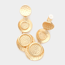 Textured Metal Disc Link Dangle Clip On Earrings