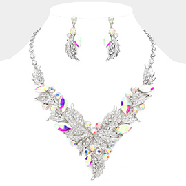 Marquise Stone Cluster Rhinestone Paved Leaf Embellished Evening Necklace