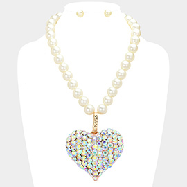 Stone Paved Heart Pendant Pearl Necklace