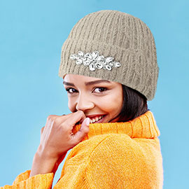 Fleece Lining Teardrop Crystal Stone Embellished Beanie Hat