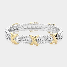 Stone Paved Two Tone Crisscross Bangle Bracelet