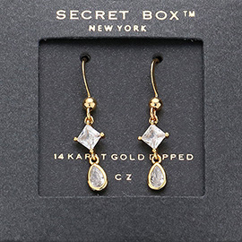 SECRET BOX_14K Gold Dipped Teardrop Diamond CZ Stone Dropdown Dangle Earrings