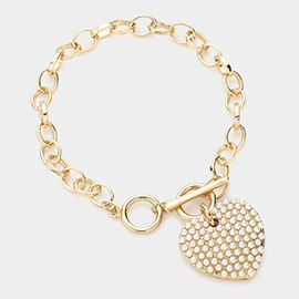 Pearl Paved Heart Pendant Metal Toggle Bracelet