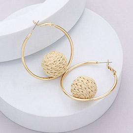 Raffia Wrapped Ball Pointed Metal Hoop Earrings