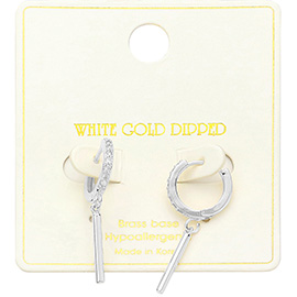 White Gold Dipped Drop Bar CZ Paved Huggie Earrings