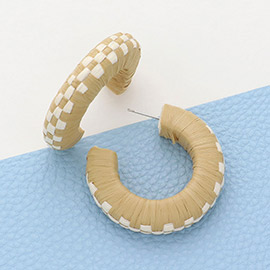 Raffia Wrapped Checkerboard Pattern Hoop Earrings