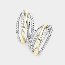 14K Gold Plated Two Tone CZ Stone Paved Rope Metal Half Hoop Earrings